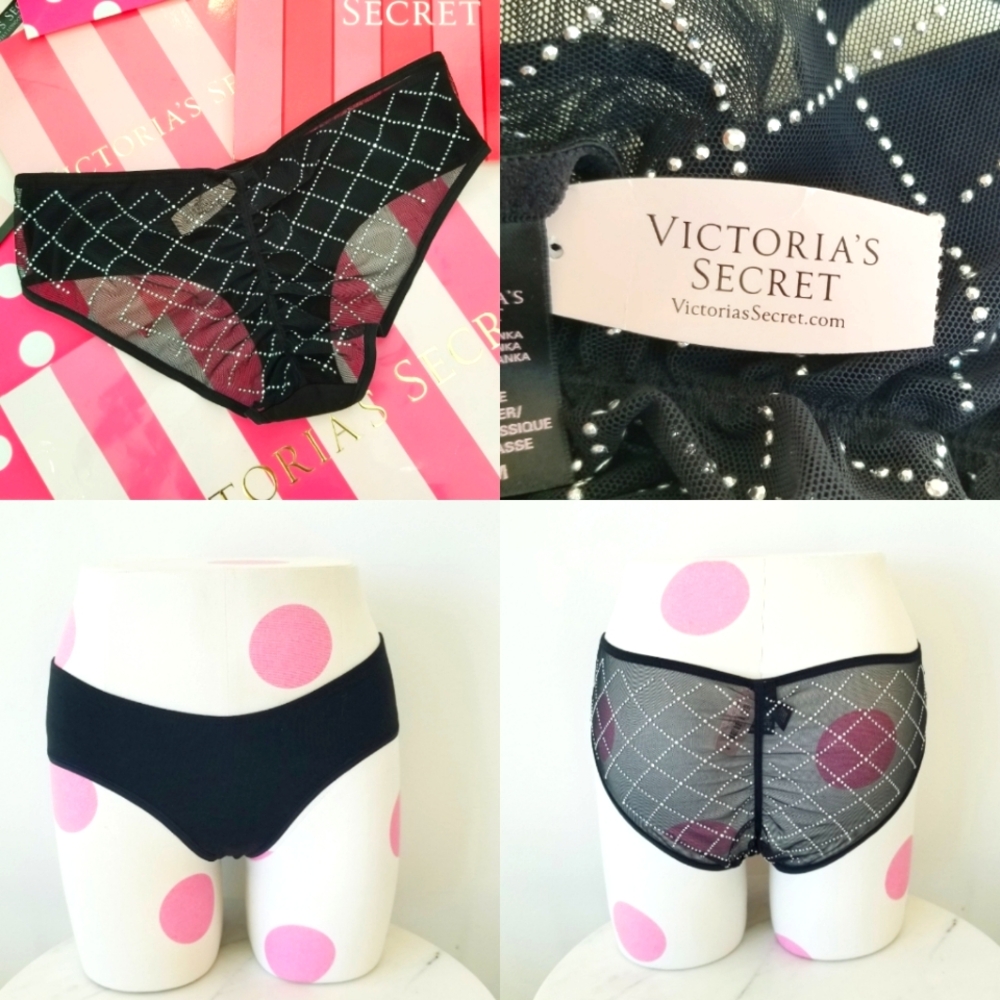 Victoria's Secret Vintage Low Rise Cotton Rhinestone Crystal Black Panty NWT